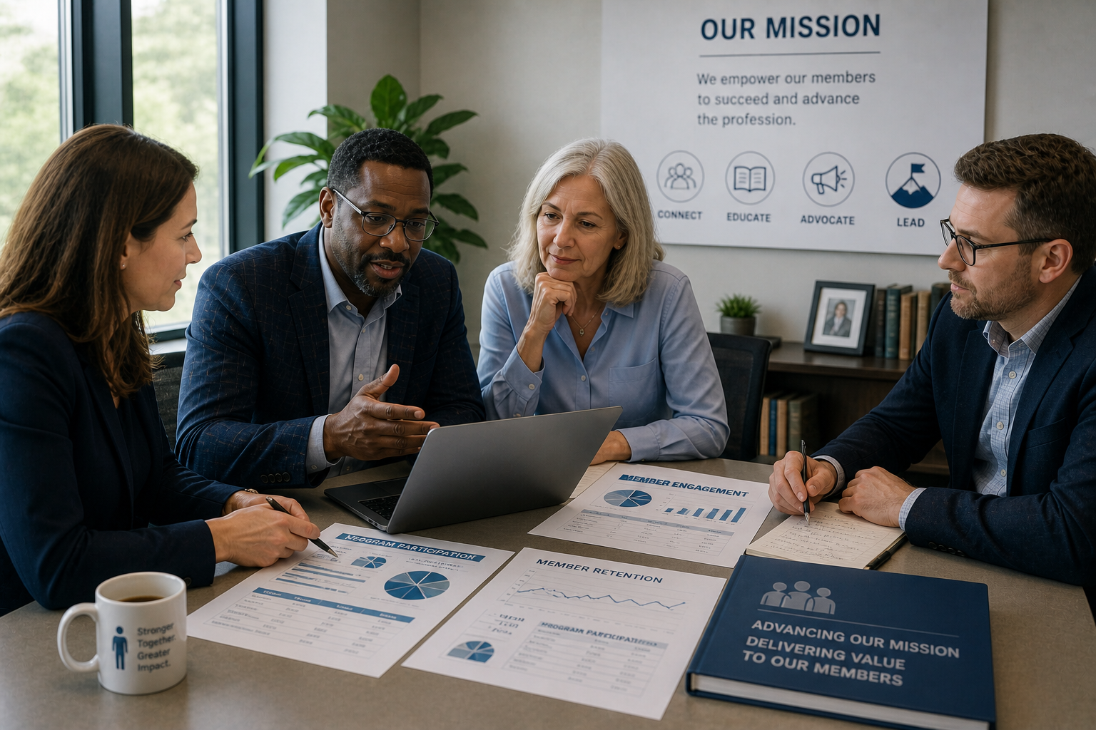 Association leadership team reviewing member engagement and performance reports in a collaborative meeting, representing strategic use of AI to enhance member value and organizational effectiveness.