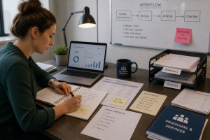 Association staff member managing administrative workflows and check