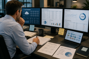 Business professional analyzing multiple dashboards and reports across screens, illustrating complexity, fragmented systems, and challenges from unstructured AI and technology adoption.