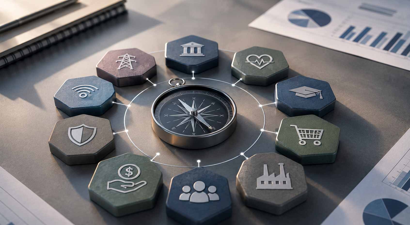 Business strategy compass surrounded by industry sectors, representing expertise in both organizational leadership and industry-specific challenges.
