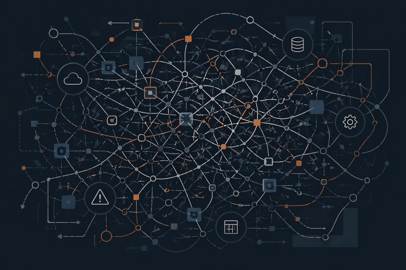 Abstract visualization of tangled, interconnected systems and data flows, representing fragmented technology environments and lack of clarity in organizational infrastructure