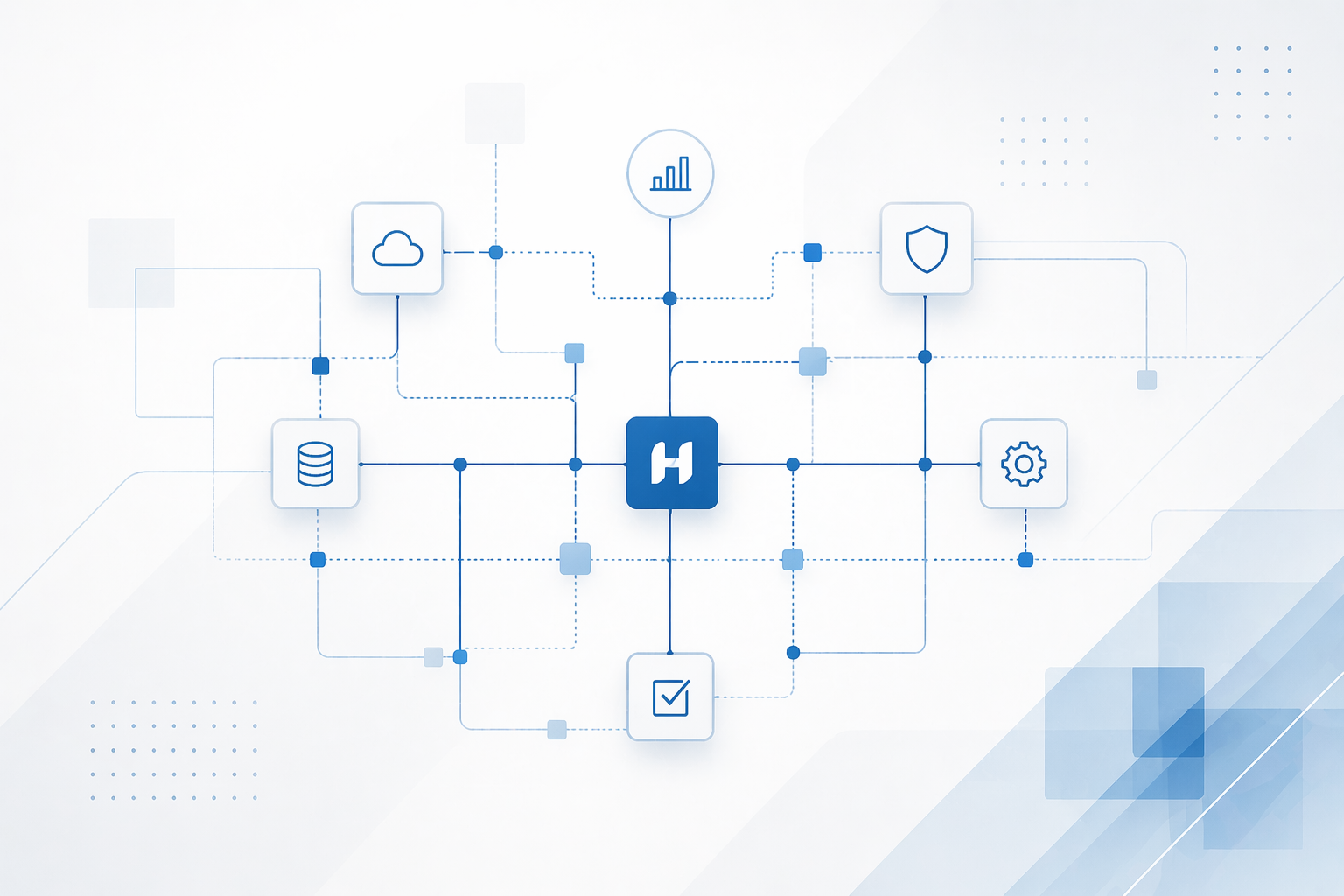Clean, structured visualization of connected systems and data flows, representing aligned technology, clear visibility, and a strategic roadmap for execution