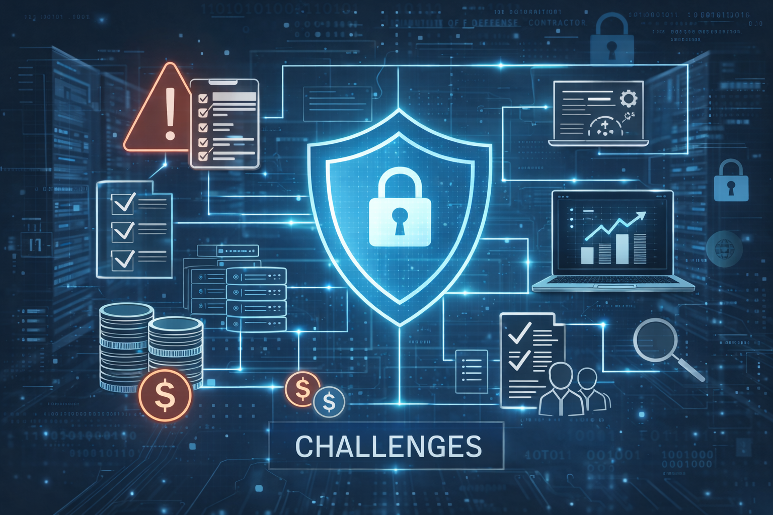 Illustration of cybersecurity compliance challenges for defense contractors preparing for CMMC Level 2 certification.