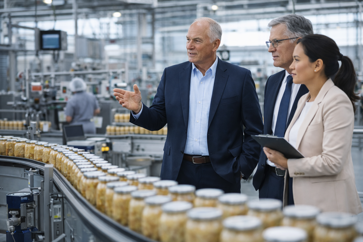 Executives reviewing production operations on a food manufacturing line while discussing strategy.