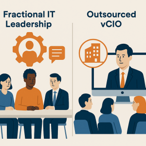 Infographic comparing fractional IT leadership versus outsourced vCIO models. On the left, a fractional IT leader collaborates in person with company executives, symbolized by a gear icon for integration. On the right, a vCIO provides remote guidance from a computer screen, representing an outsourced model aligned with a Managed Service Provider.