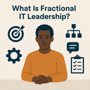 Illustration representing fractional IT leadership, featuring a confident technology executive surrounded by icons symbolizing strategic alignment, governance, communication, execution, and leadership development. Designed in Hartman’s brand colors of navy, gray, and orange.
