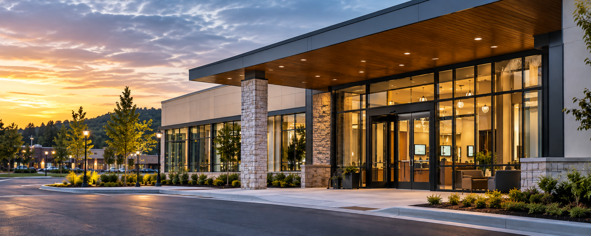 Modern Community Building at Sunset