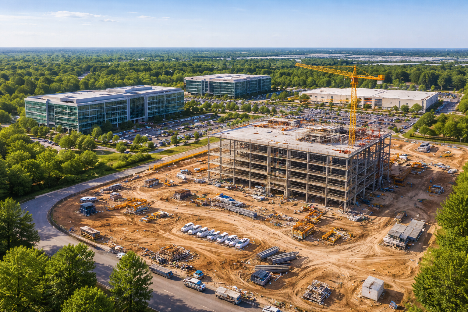 Commercial office development under construction representing growth and operational challenges.