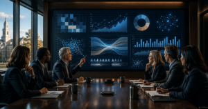 Corporate strategy meeting with data visualization