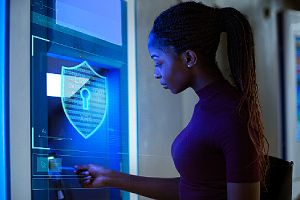 Customer using cash machine that has data protection icon. Digital transformation focuses on preventing fraud