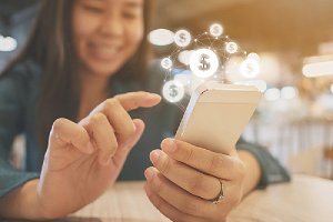 Customer using mobile application to transact online. Digital transformation comes a myriad of new technologies