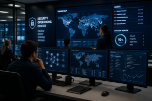 Cybersecurity operations team monitoring multiple data dashboards and network activity in a modern control center, highlighting technology risk, system visibility, and real-time threat management.