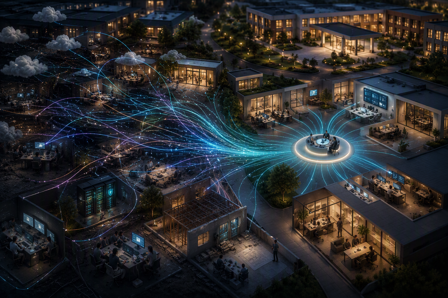 Digital pathways from fragmented technology systems and operational functions converge into a coordinated management framework across a senior living organization.
