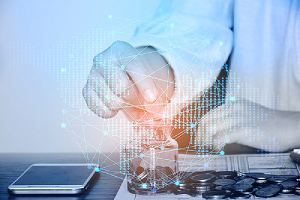 Digital transformation concept. Double exposure image of a person counting coins and digital graphic