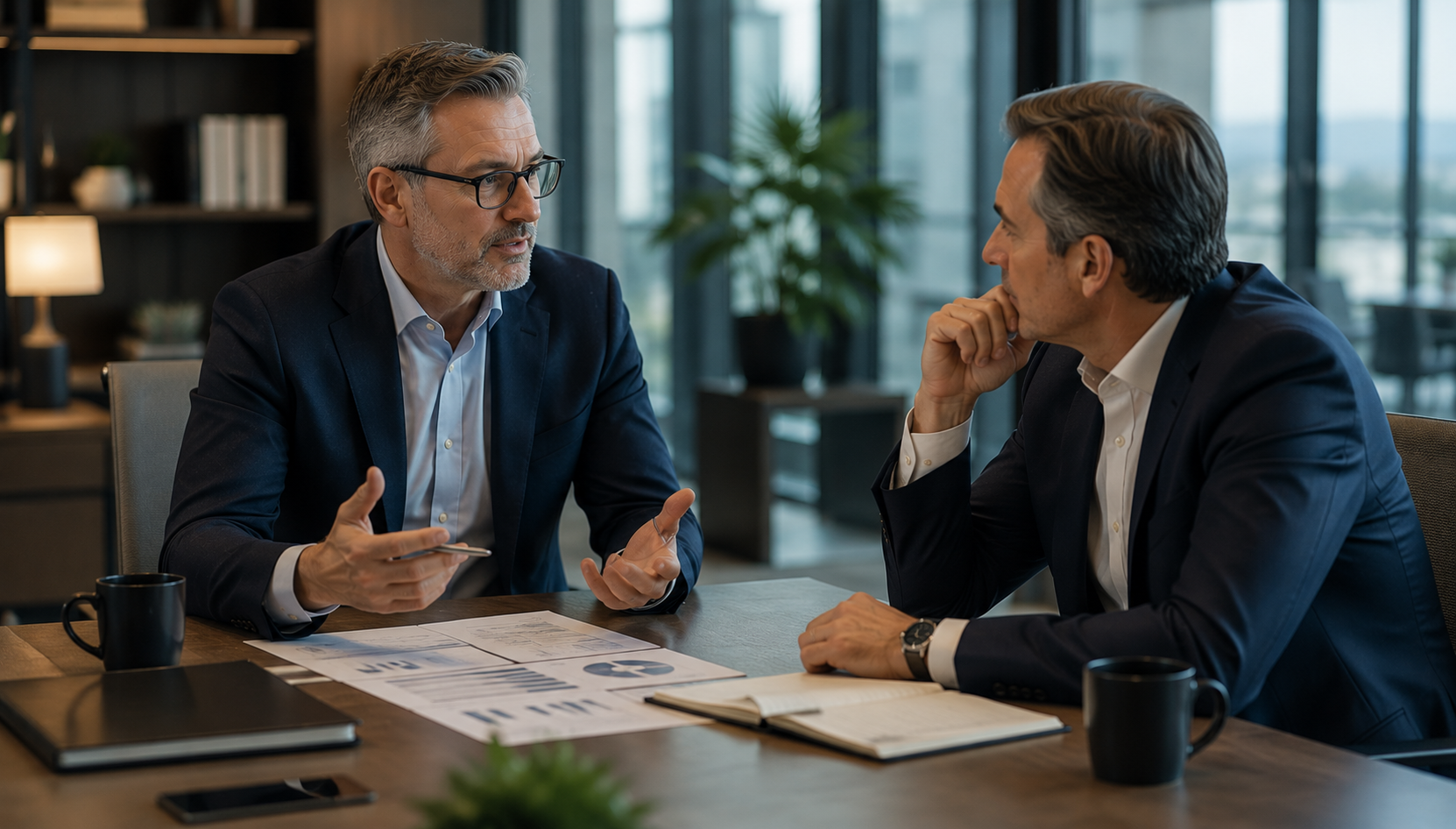 Executive advisor meeting one-on-one with a business leader to provide strategic guidance on AI initiatives and organizational priorities.