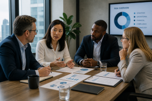 Executive leadership team in a conference room reviewing reports and discussing risk strategy, emphasizing collaboration, decision-making, and alignment between business goals and risk management.
