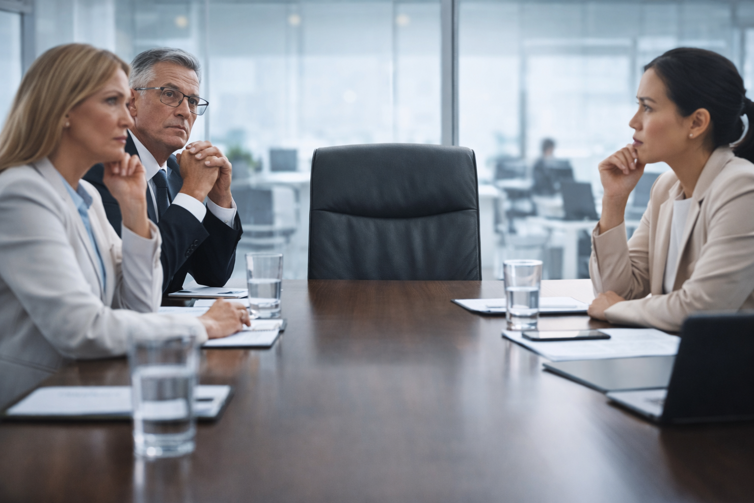 Executive leadership team seated in a boardroom with an empty chair at the head of the table representing a CIO leadership gap