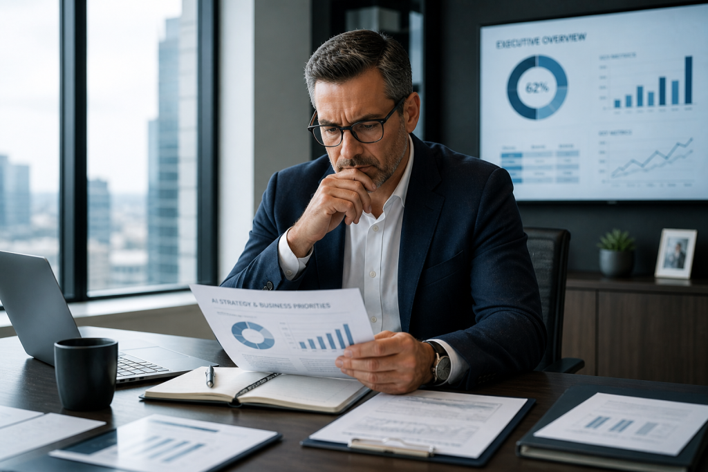 Executive reviewing AI strategy and business performance reports in a modern office, representing data-driven decision-making and alignment of AI initiatives with business goals.