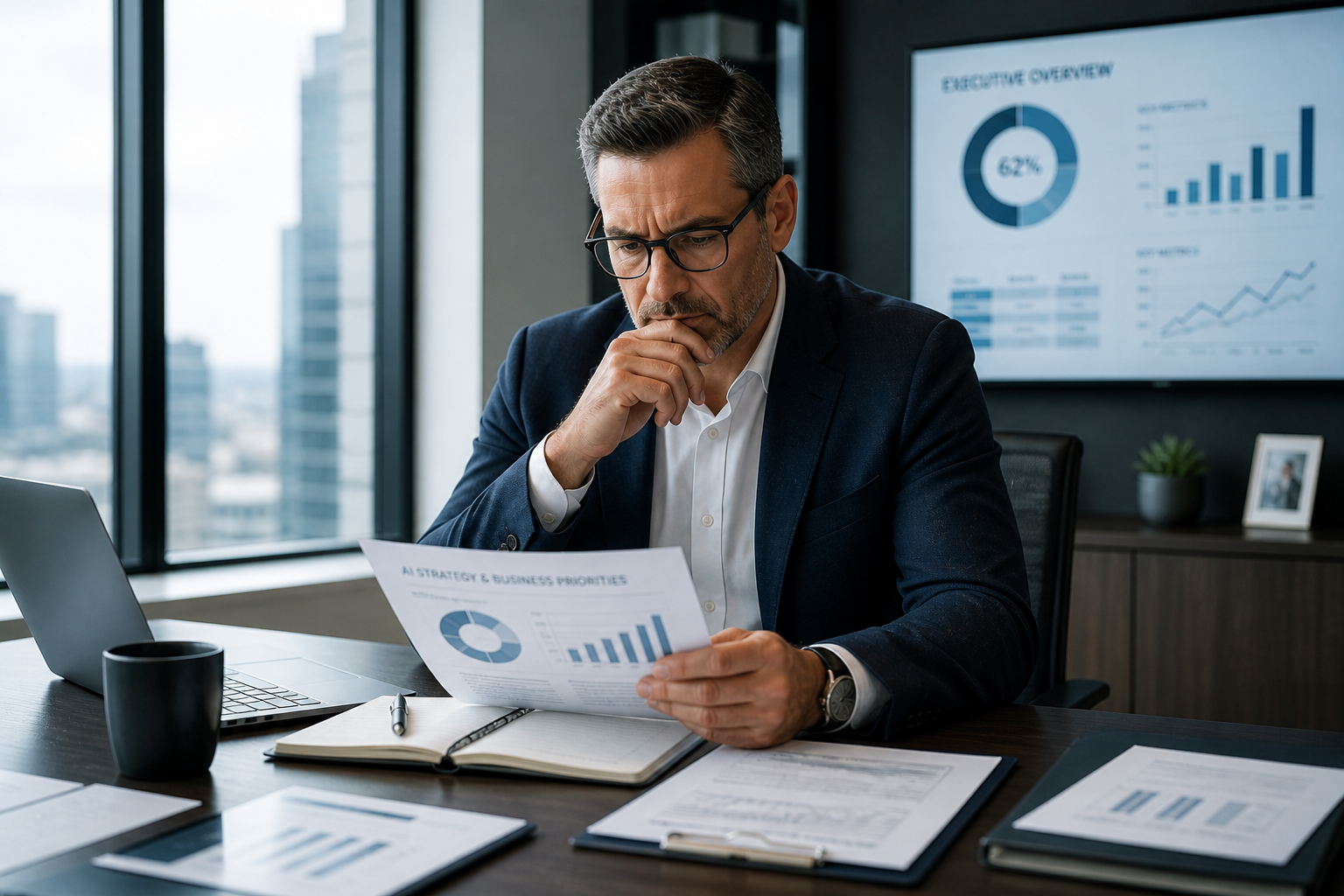 Executive reviewing AI strategy and business performance reports in a modern office, representing data-driven decision-making and alignment of AI initiatives with business goals.