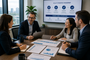 Executive team reviewing an AI and IT strategy roadmap and performance metrics in a conference room, representing aligned execution, governance, and outcome-driven technology strategy.