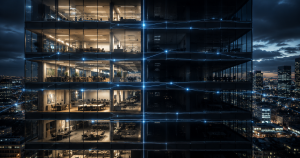 Futuristic office building with digital grid