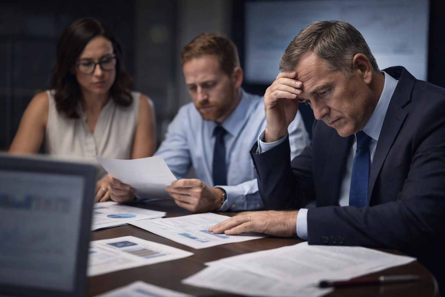 Bank executives reviewing reports with concern, representing lack of IT leadership and limited visibility into technology risk