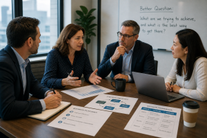 Leadership team collaborating in a meeting to define business goals and strategic priorities, emphasizing an outcome-driven approach to AI and technology decisions.