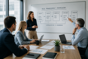 Leadership team reviewing a structured risk management framework on a whiteboard, collaborating in a modern conference room to assess, prioritize, and mitigate business risks.