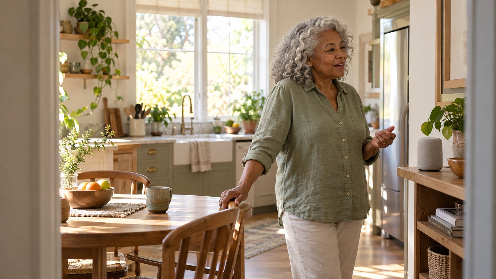 Senior living resident talking in a bright kitchen