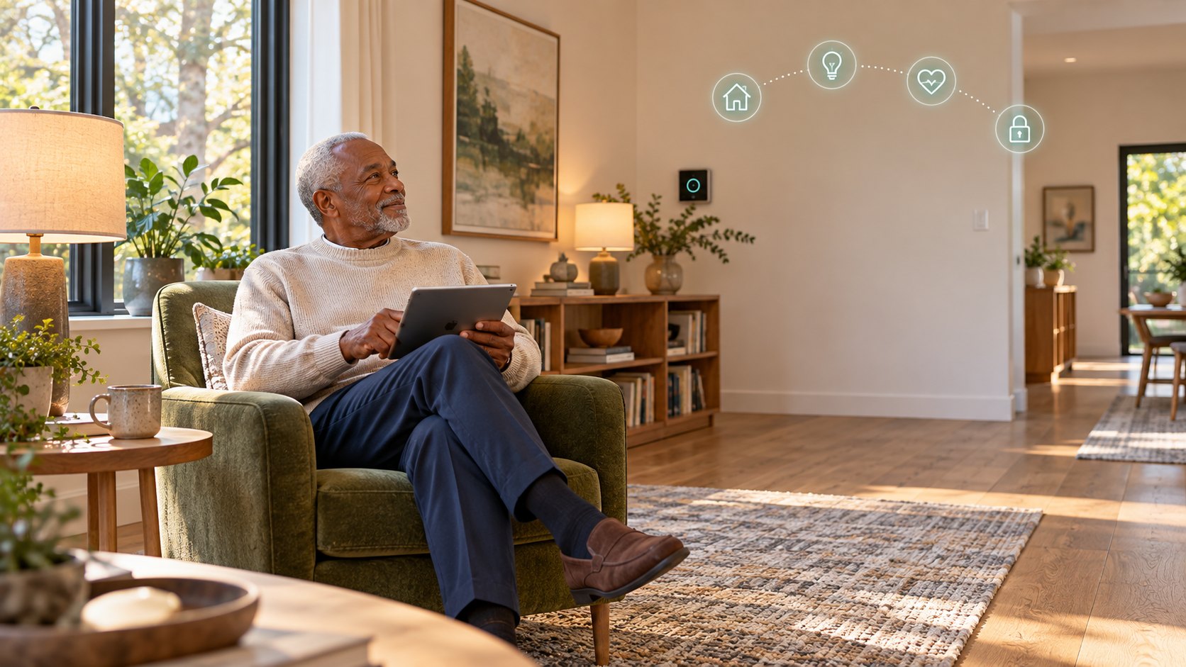 Senior living resident using a tablet with connected home technology