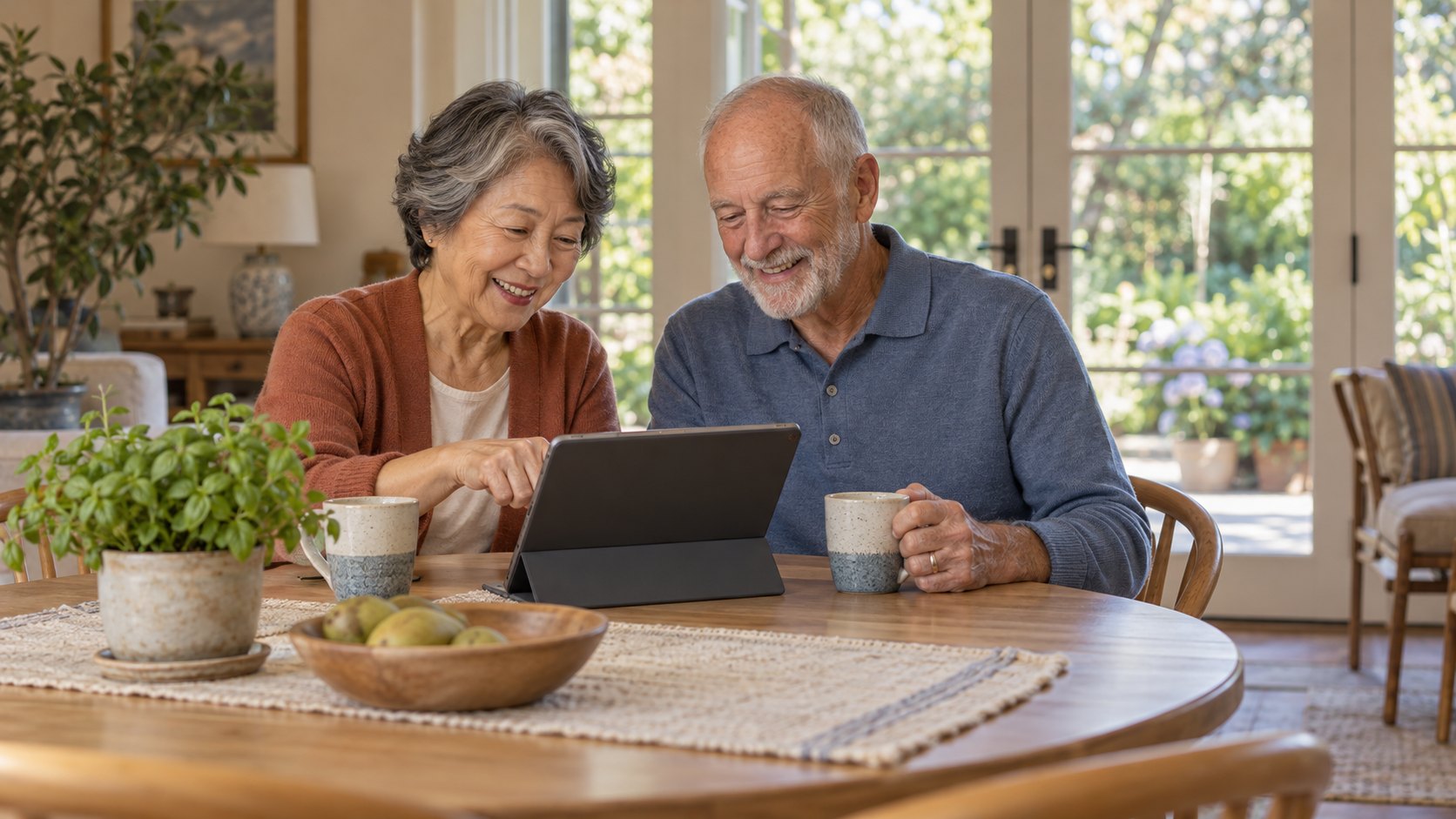 Senior couple using a tablet together at the kitchen table
