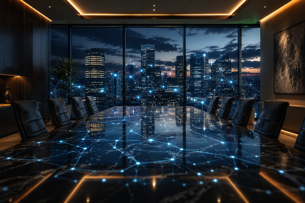 Modern boardroom with city skyline view
