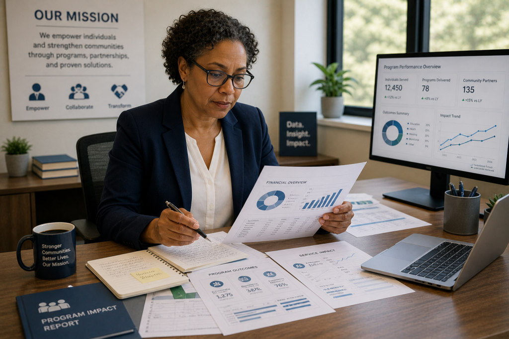 Nonprofit executive reviewing program performance and financial reports at her desk, representing strategic decision-making and aligning technology investments with mission impact.
