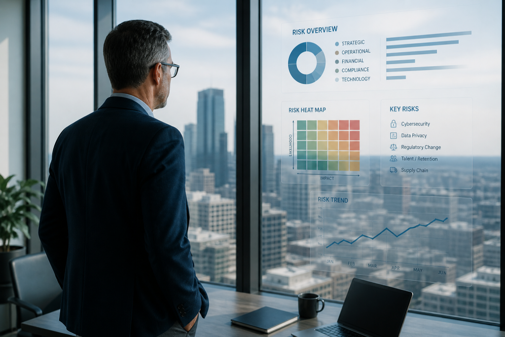 Senior executive standing in a modern office overlooking a city skyline, reviewing business risk dashboards and performance metrics displayed on glass, representing strategic risk management and leadership oversight.