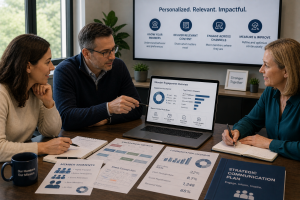 Team collaborating on member engagement and communication strategy, reviewing metrics and planning personalized outreach to improve relevance and strengthen member relationships.