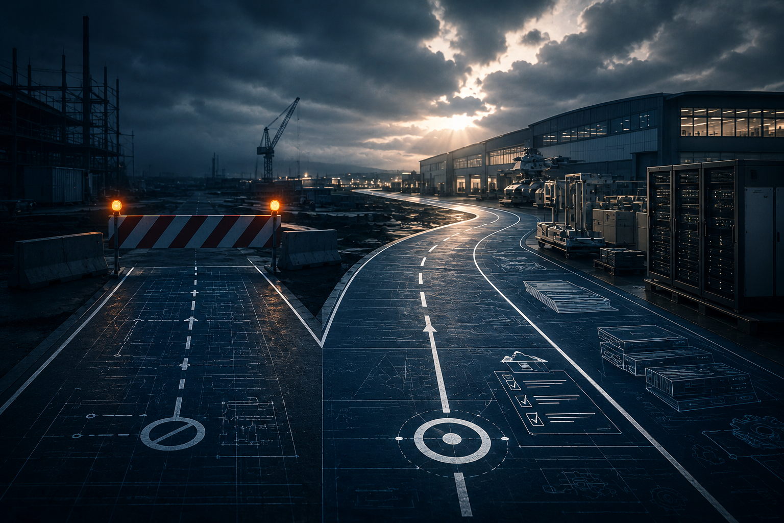 A blocked path beside a continuing road leading toward a defense industrial facility