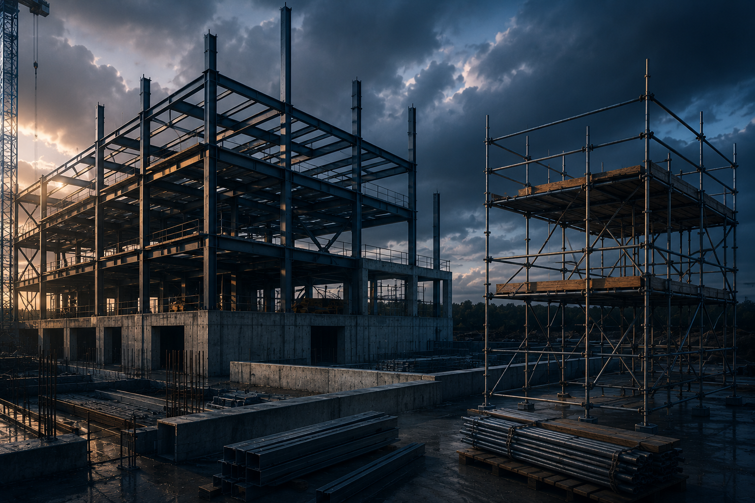 A permanent industrial structure continuing to rise beside temporary scaffolding
